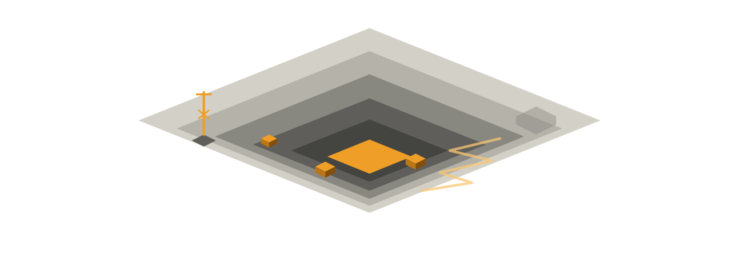 Isometric illustration of a stepped open-pit mine with an amber ore body
