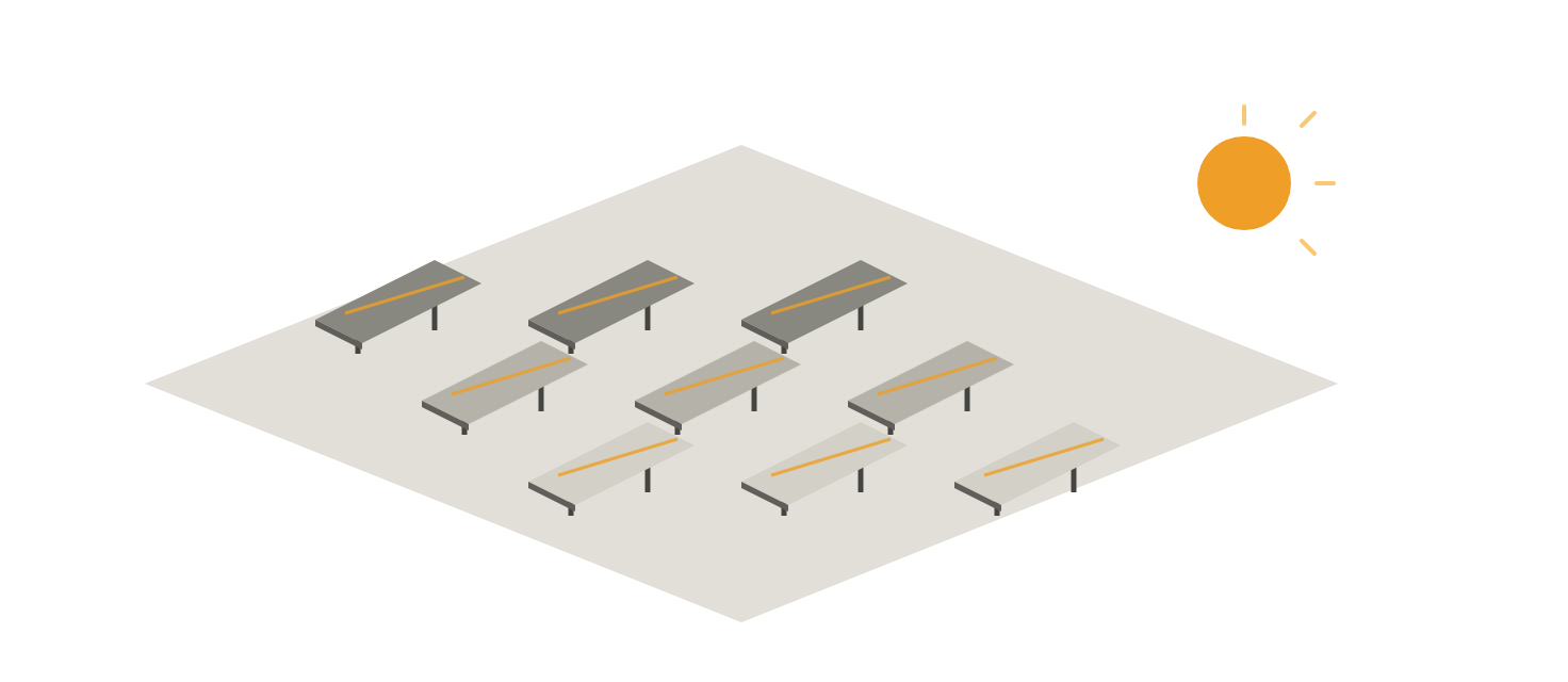 Isometric illustration of a tilted solar panel array under an amber sun