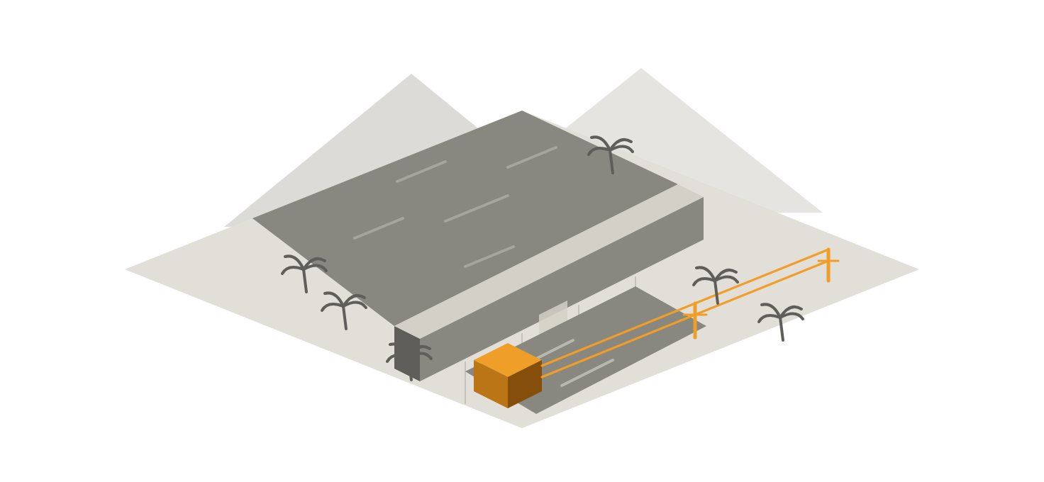 Isometric illustration of a hydroelectric dam in a tropical valley with an amber powerhouse and transmission line
